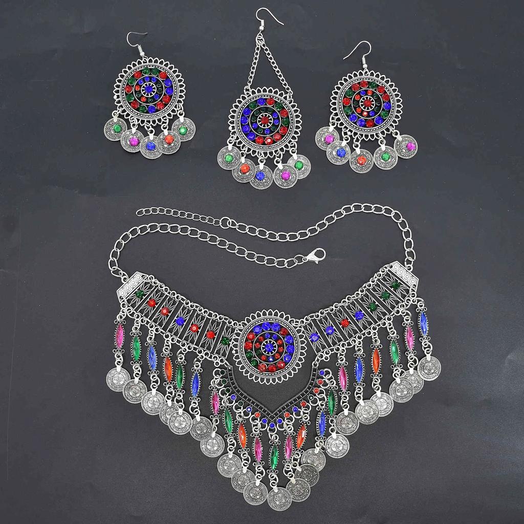 3pcs Indian Afghan Zircon Sets Necklace Earrings Hairbands for Women Boho Ethnic Coins Tassels Colorful Crystal Drop Accessory