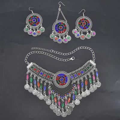 3-teilige indisch-afghanische Zirkon-Sets Halskette Ohrringe Stirnbänder für Frauen Boho Ethnisch Münzen Quasten Bunt Kristall Tropfen Accessoire