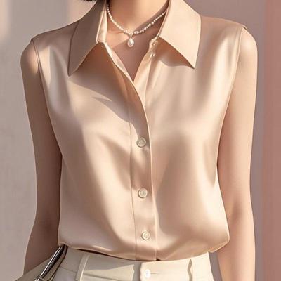 Polo Feminino Branco de Cetim Sem Mangas Estilo Francês - Versátil para o Verão Casual