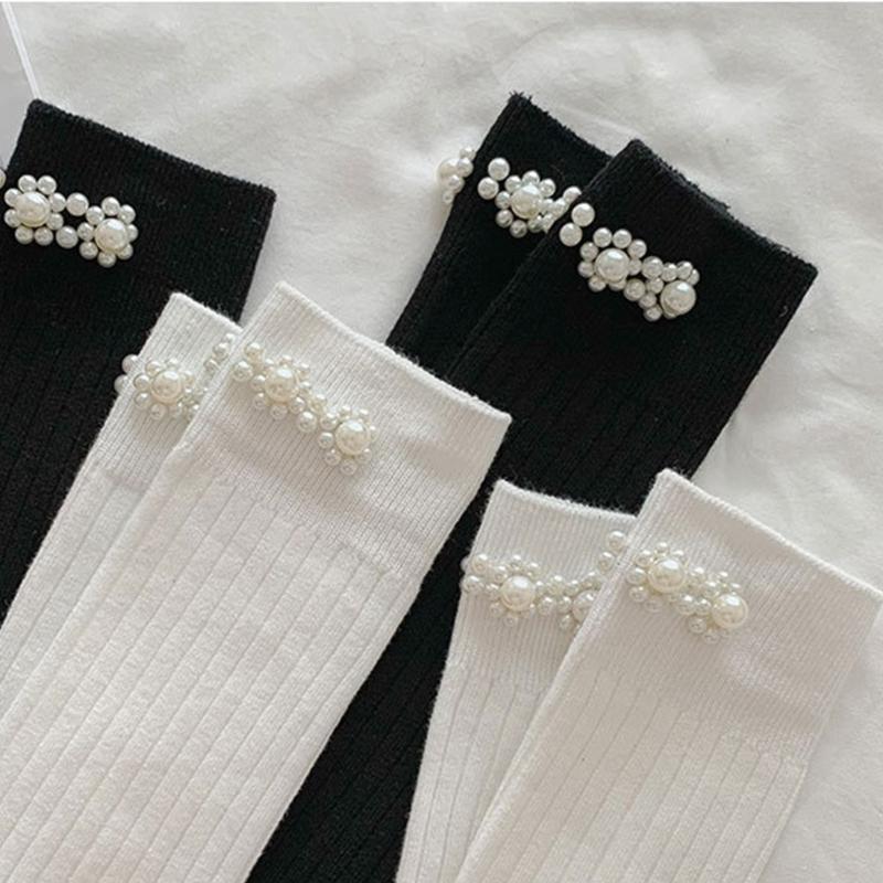 Simple Pearl Knee High Socks Cotton Calf Socks Sweet Knee High Stockings Lolitas Princess Socks for Womens Girls Gifts