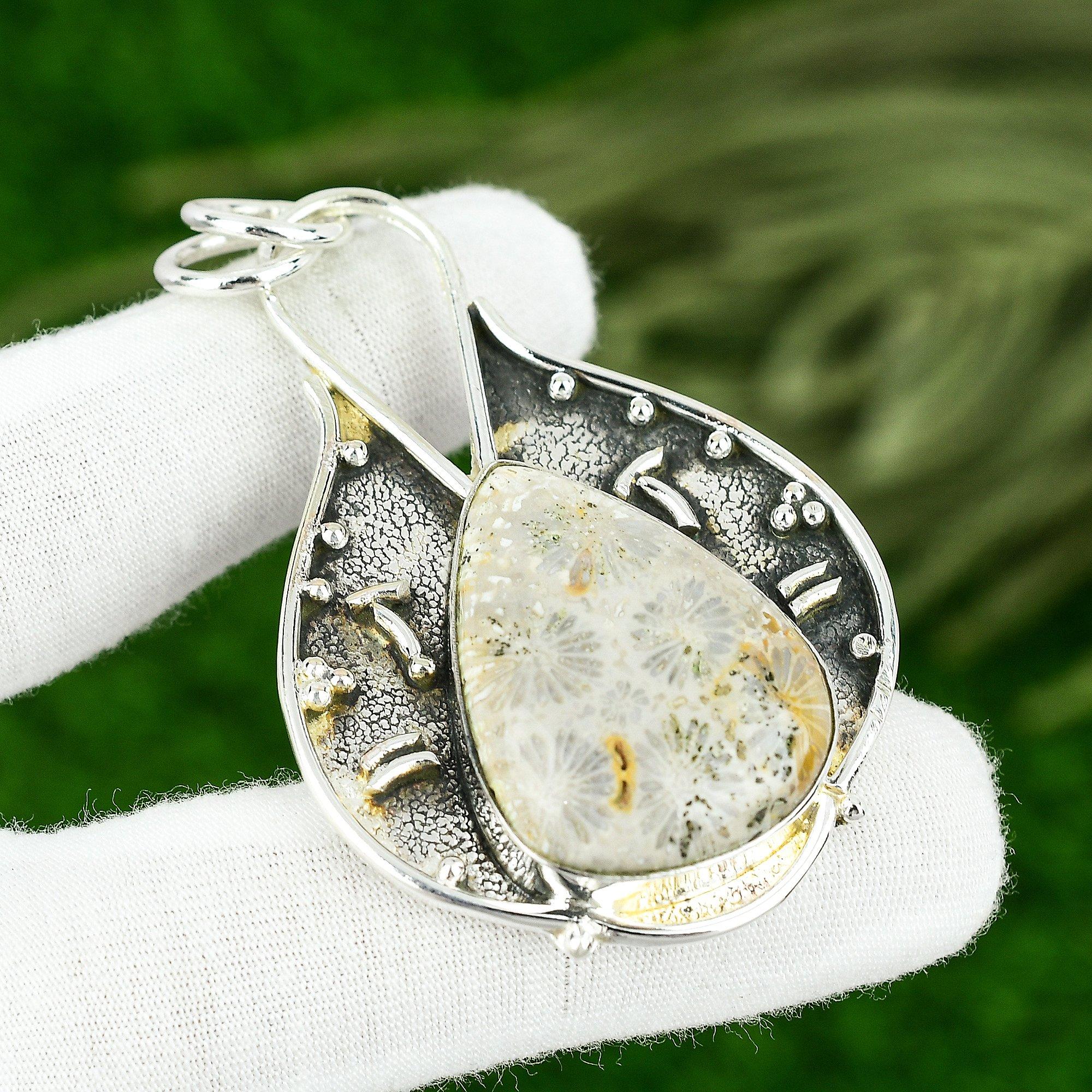 

Fossil Coral Gemstone Birthday Engagement Elegant Boho Pendant Sterling Silver
