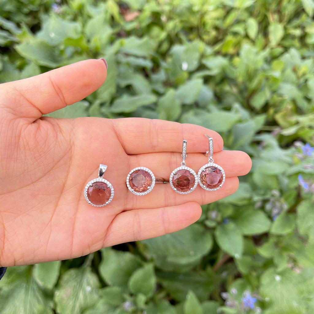 Set de bijuterii din argint cu piatră de sultanit de 12 mm, set de bijuterii din piatră care schimbă culoarea, cercel + inel + pandantiv + colier din zultanită, diasporă turcească