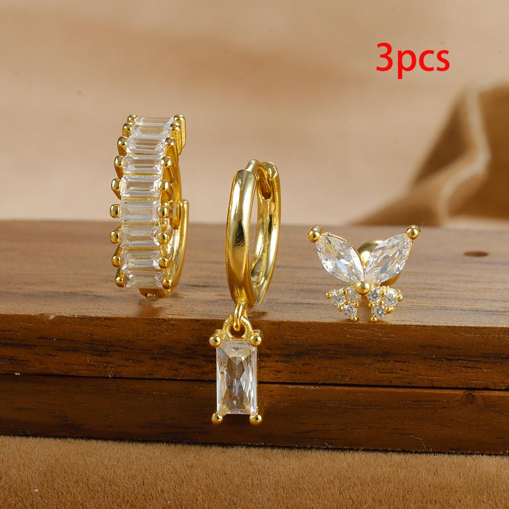 3PCS Gold Color Crystal Square Hoop Earrings Set For Women Butterfly Pendant Cartilage Tragus Helix Ear Stud Fashion Jewelry