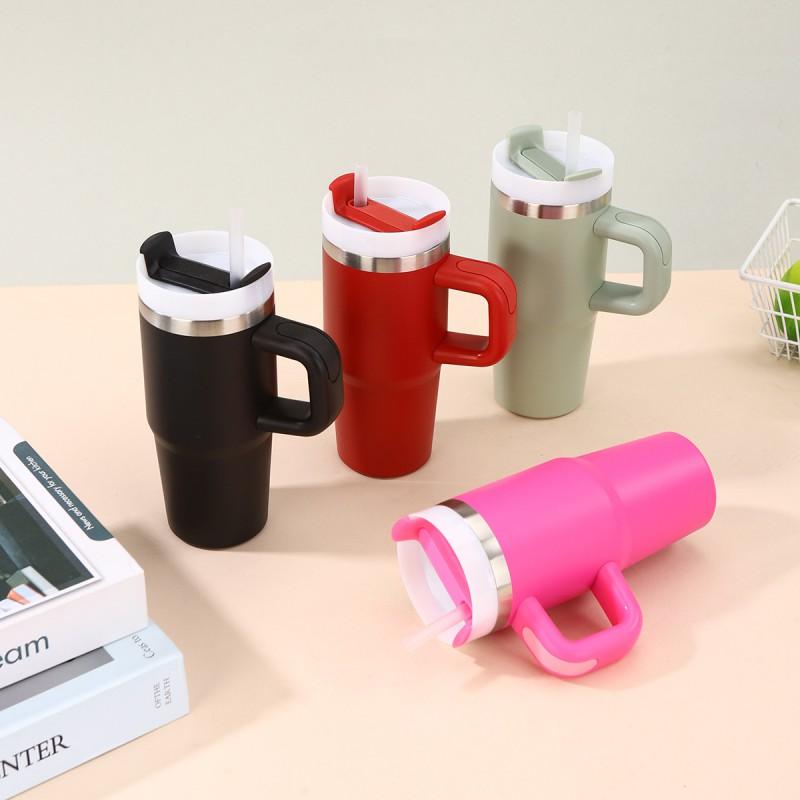 14oz Stainless Steel Vacuum Insulated Travel Mug With Handle Straw Car Office Outdoor Use