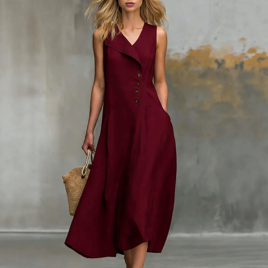 Casual fashion solid color lapel button-down sleeveless women's dress