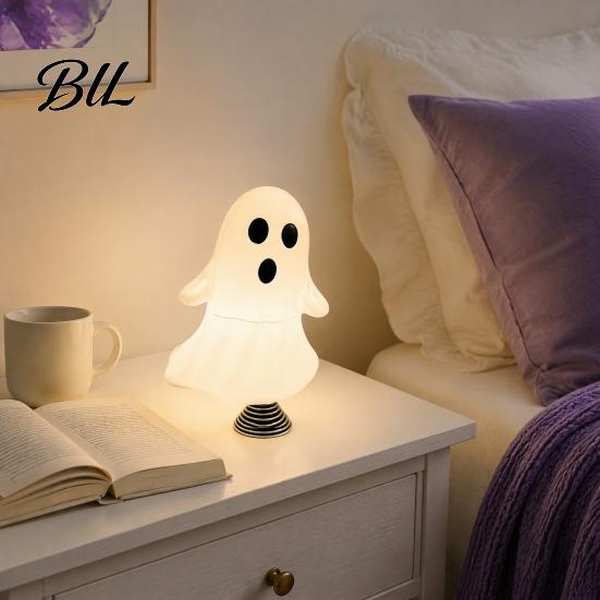 Portable Decorative Figurine Cute Ghost Night Light with Spring Base, USB Powered Mini Spooky Halloween Room Decor Tree Topper LED for Party,