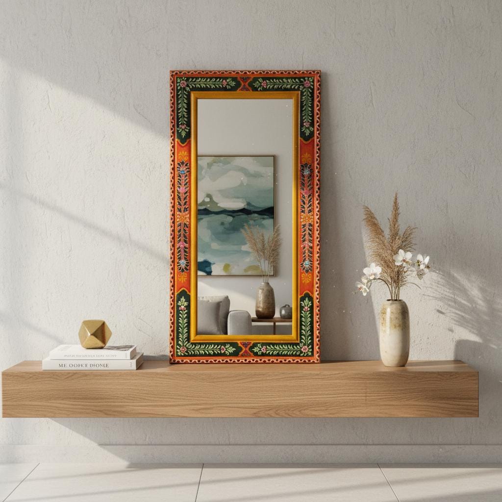 

Wood Painted Wall Bedroom Mirror With Glass | Living Room Wall Hanging Mirror Fram | Wood Mirror with Ethnic Floral Design Traditional Wall