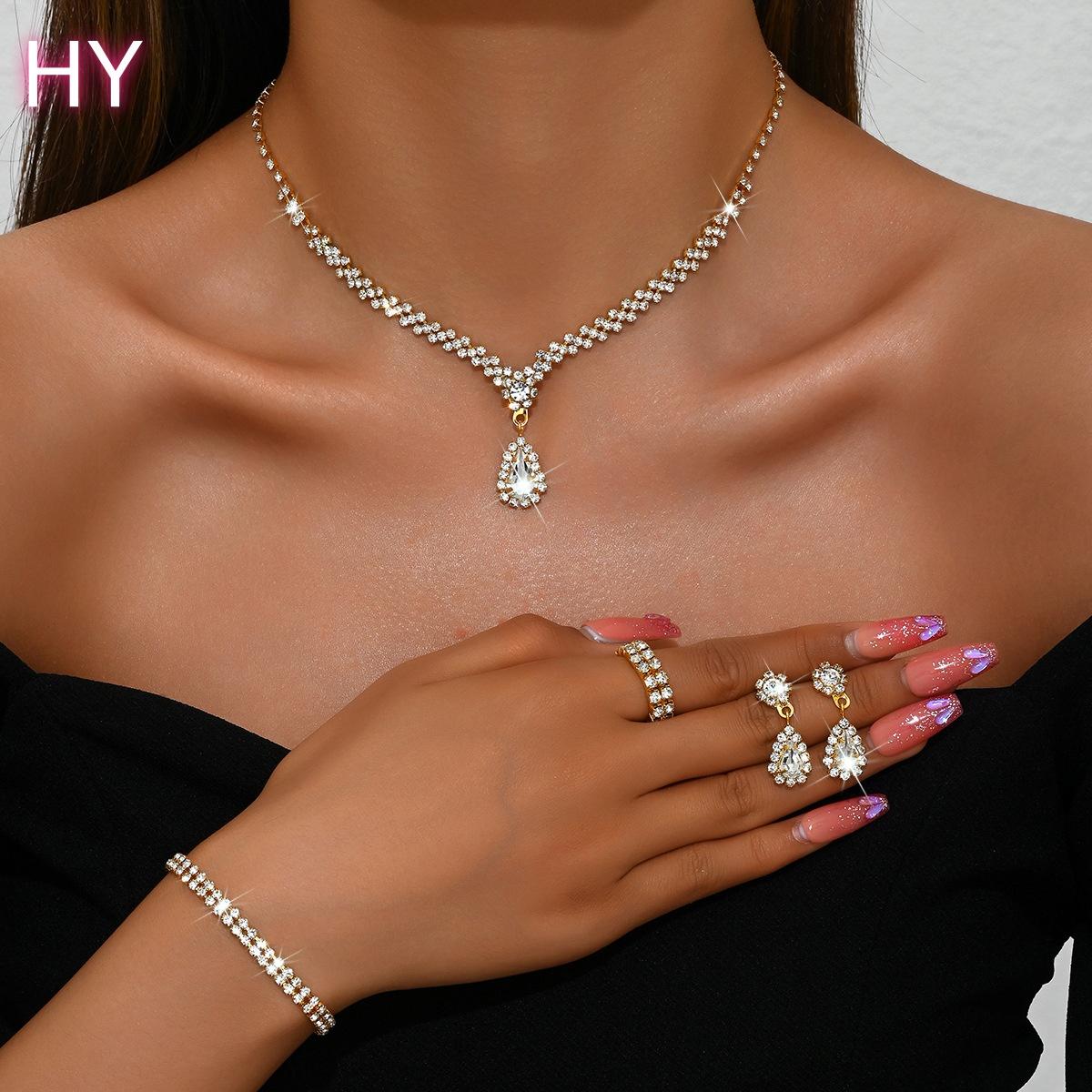 HY  Popular Fashion Bridal Wedding Party Jewelry Set Crystal Rhinestone Diamond-Encrusted Plant Flower Design Tassel Gift
