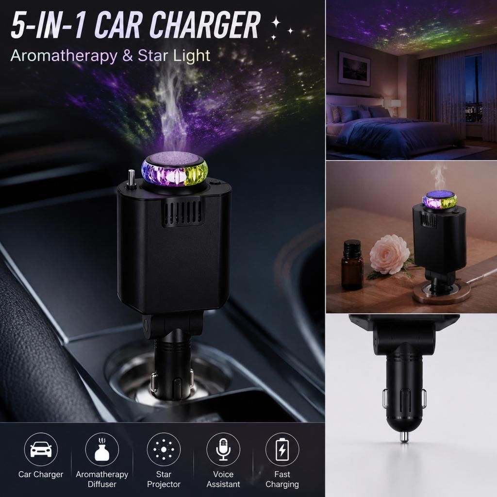 Caricabatterie per Auto 5 in 1 Diffusore di Oli Essenziali con Proiezione Stellare sul Soffitto e Capacità Olio Aromatico da 45ml Porte USB per Uso Veicolare