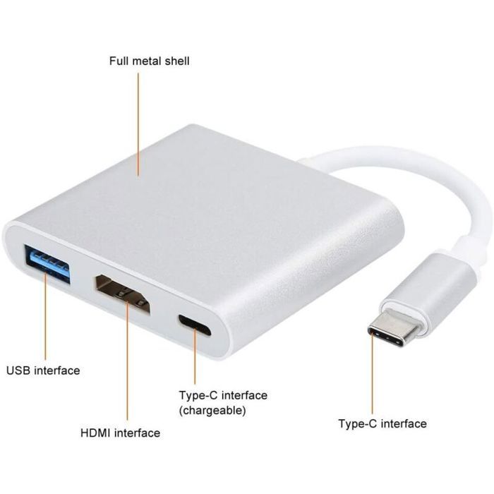 Adaptateur HDMI USB-C - 3 en 1 USB 3.1 Type-C - Sortie HDMI 4K - Power Delivery (PD) - Transfert de données USB