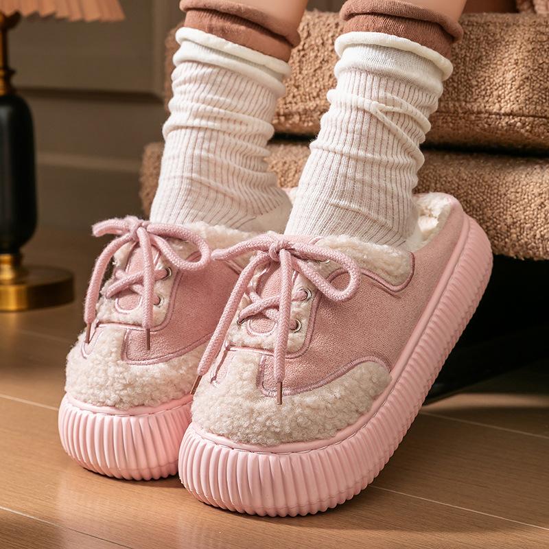 Fashion shoelaces Baotou cotton slippers women's autumn and winter new outer wear fleece warm indoor home plush cotton shoes