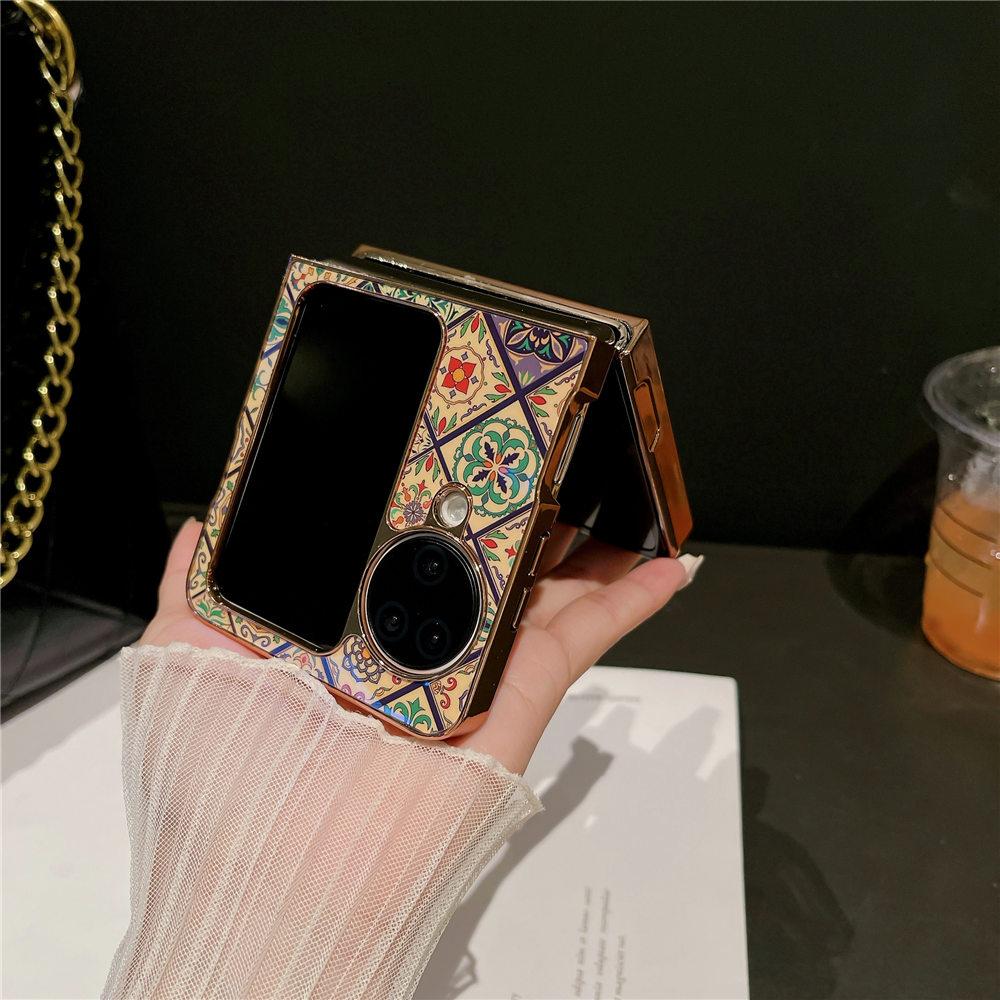 N3 Flip Blue-Ray Ring Holder Retro Palace Gold Plating Flower Case For OPPO Find N3 FlipFind N2 Flip Shockproof Back Cover
