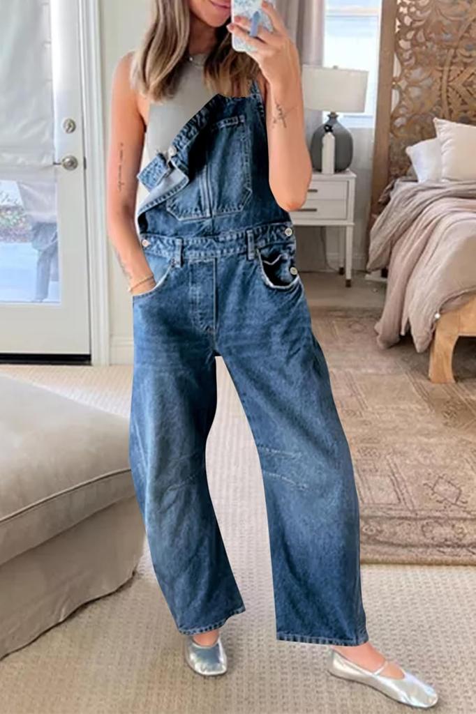 Womens Denim Bib Overalls Barrel Leg Baggy Jean Jumpsuit With Pockets