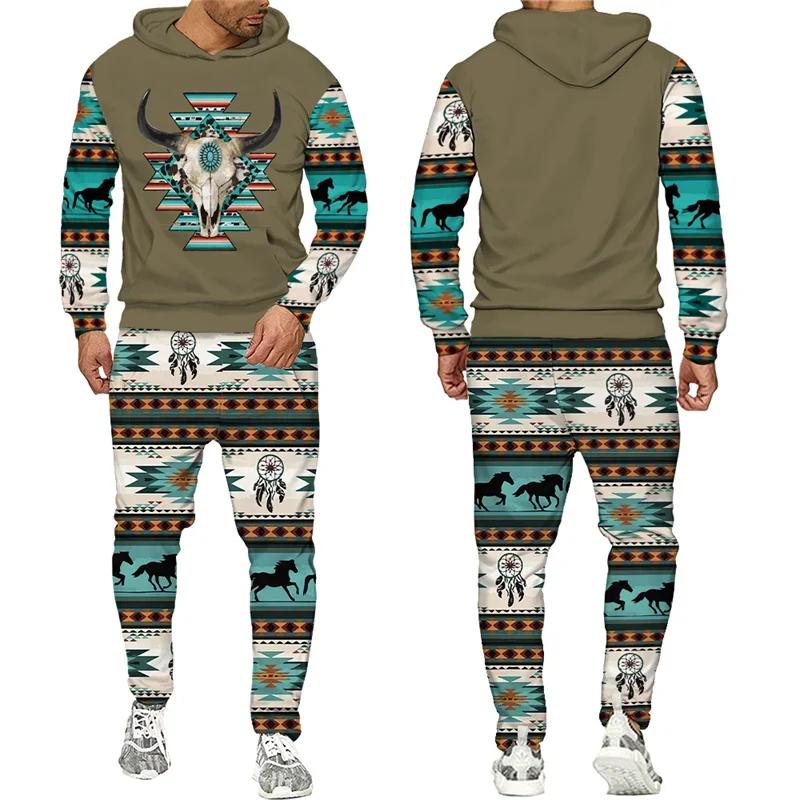 New Men 2 Pieces Tracksuit National Cow Skull 3D Print Casual Hoodies Sweatpants Sets Fashion Hip Hop Street Clothing Suits