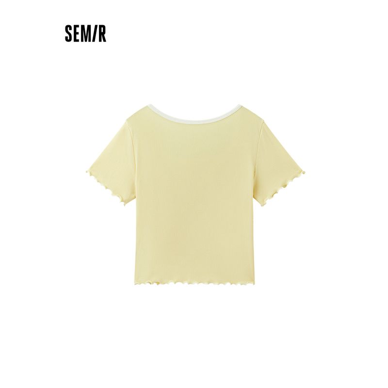 

Senma Short sleeve T-shirt Women Slim fit Slimming Bottoming Shirt Square round Collar Inner wear Thin Summer Top Sweet Wooden Ear White and black tone 00419 S