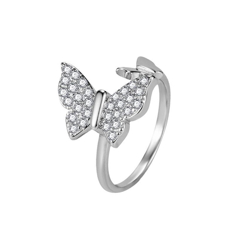 Silver Butterfly Open Diamond Ring Adjustable Korean Style Zircon Fashion Women's Ring Rotating Jewelry Peaceful Spring New Model