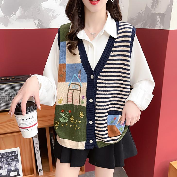 

DIMANAF 2024 Осень Женские свитера с цветочным принтом Жилет Вязание V-образным вырезом Мода Базовый Повседневный Стиль Свободный свитер Синее Пальто One Size синий