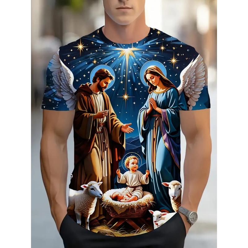 Men's 3D Print Jesus Virgin Mary T-Shirt Tops Casual Short Sleeve Crew Neck Jesus Birth Printed Tshirts For Men Streetwear
