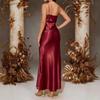 Light luxury burgundy satin suspender dress, waist pleated slim fishtail, banquet party night