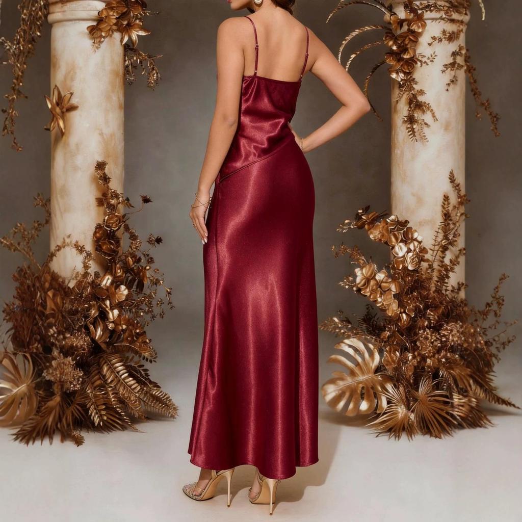 Light luxury burgundy satin suspender dress, waist pleated slim fishtail, banquet party night