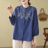 Women's Long Sleeved Shirt Plus Size Top Shirt Cotton Spring Outfit Loose Middle-aged Embroidered Shirt