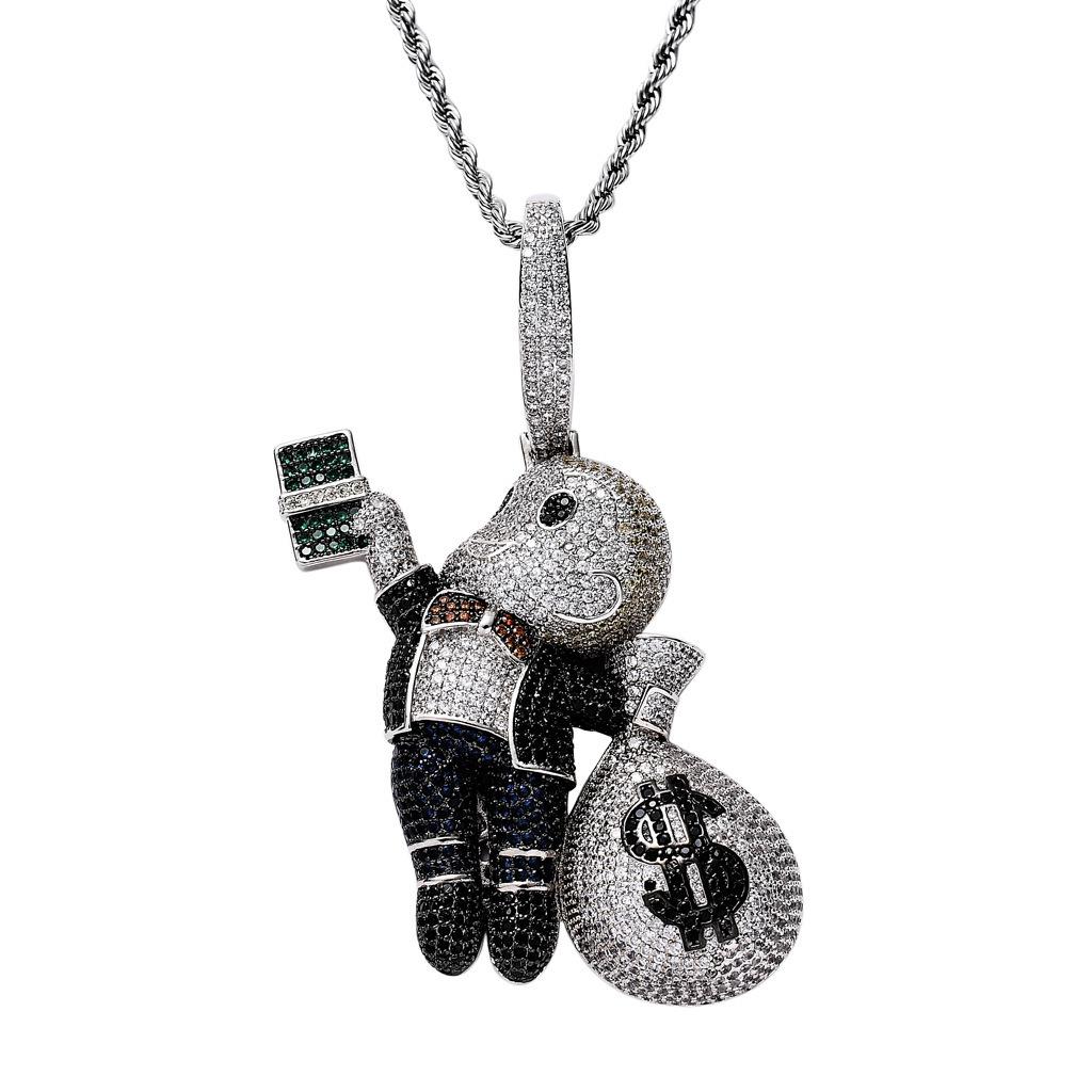 European and American Hip Hop Pendant Hand Held US Dollar Bill Bald Little Boy Beautiful Money Bag Micro Inlaid Colorful Zircon Necklace