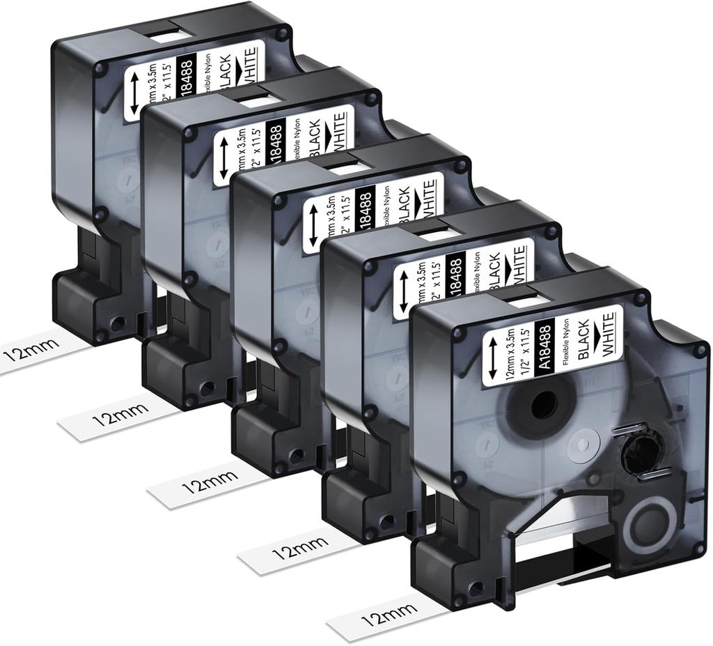 3-10PK 12mm/19mm Flexible Nylon Labels Compatible for Dymo A18488 A18490 Industry Label Tape For DYMO Rhino 4200 5000 Printer