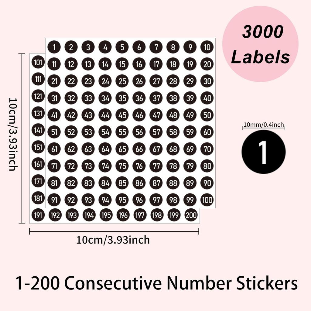 3000 PCS Number Stickers Labels, 0.4'' Black Consecutive Number Stickers 1-200, Vinyl Numbered Sticker, Self-Adhesive and Residue-Free, Use for