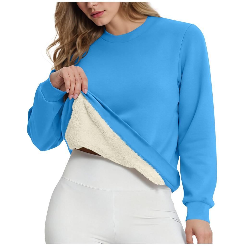 Women's Casual Fashion RoundNeck Pullover Top Winter Solid Color Plush Sweatshirt