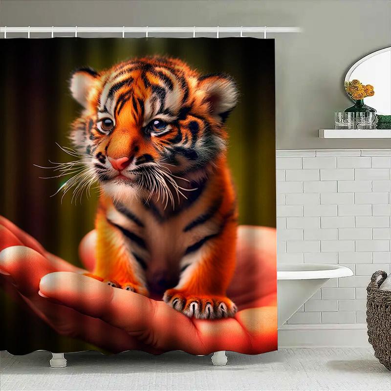 Cute Tiger Baby Shower Curtain Bath Decor With Hand Holding Design 3D Printed Waterproof Fabric Customizable Size For Home Decor