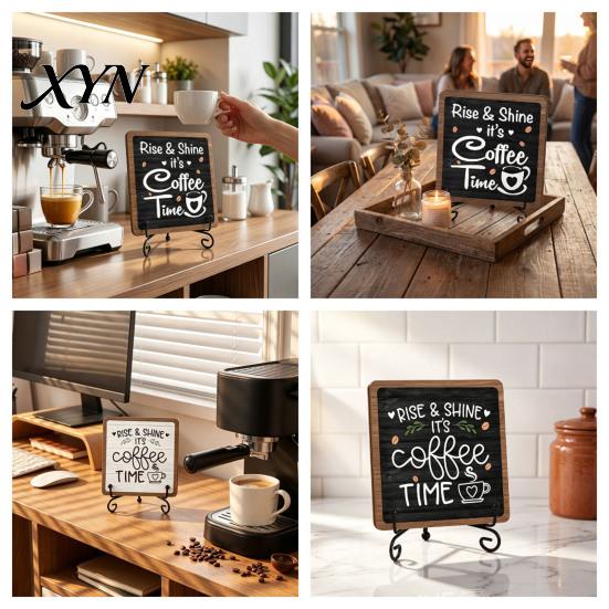 Cafe Store Decorations Coffee Themed Wooden Tabletop Sign, Rustic Kitchen Bar Plaque with Iron Station Accessories Stand, Farmhouse Home Dining