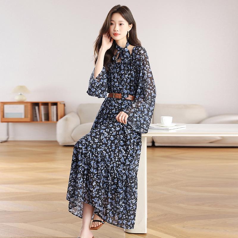 Zhu Zhu Style French Retro Floral Chiffon Dress - Autumn Slim Fit Long-Sleeve Maxi