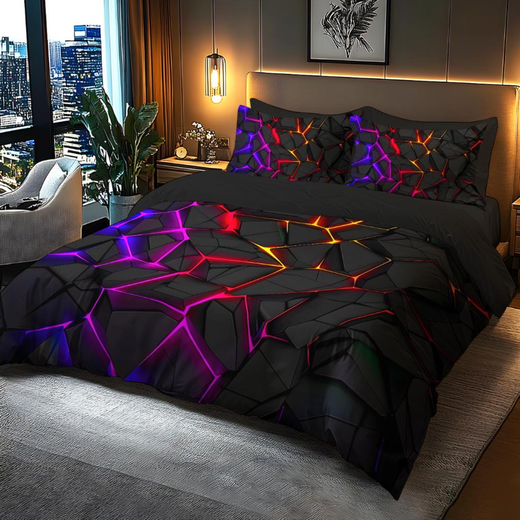 Digital Printing Soft with Soft Fabric Duvet Cover Set, Patern of Colorful Light Shing Through Black Rocks, It Uses a 3D Ultra-Soft Brushed, 3Pcs
