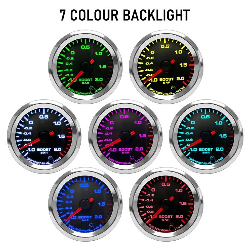 1-2 BAR 7 Colors Pointer ABS Steel Glass Boost Gauge With Stepper Motor New Car 2'' 52mm 12V Turbo Boost Gauge