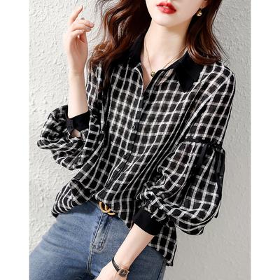 Age-reducing Plaid Spring Shirt Women's New Spring Korean Version Splicing Collar Temperament Elegant Cuff Shirt