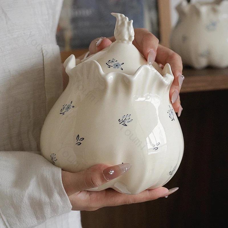 Exquisite Flowers Ceramic Jar Household Kitchen Desktop Storage Jar Decoration High End Restaurant Dining Table Vases Decoration