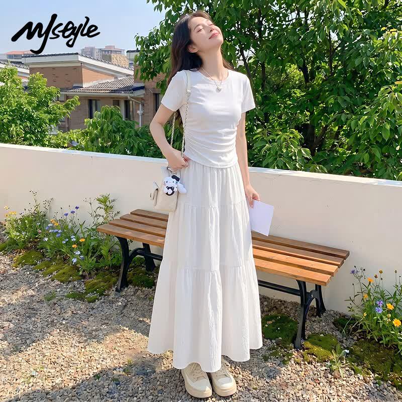 

MJ STYLE Women s Pleated Short Sleeve Top & Skirt Set XL