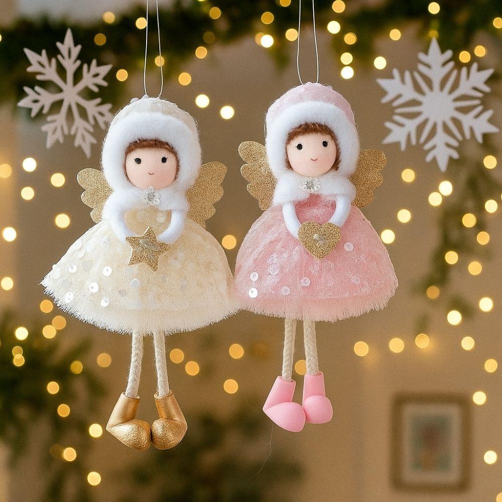 Cute Christmas Girl Pendant Tulle Dress Girl Hanging Ornament White Mesh Shiny Golden Wings Christmas Tree Decorations