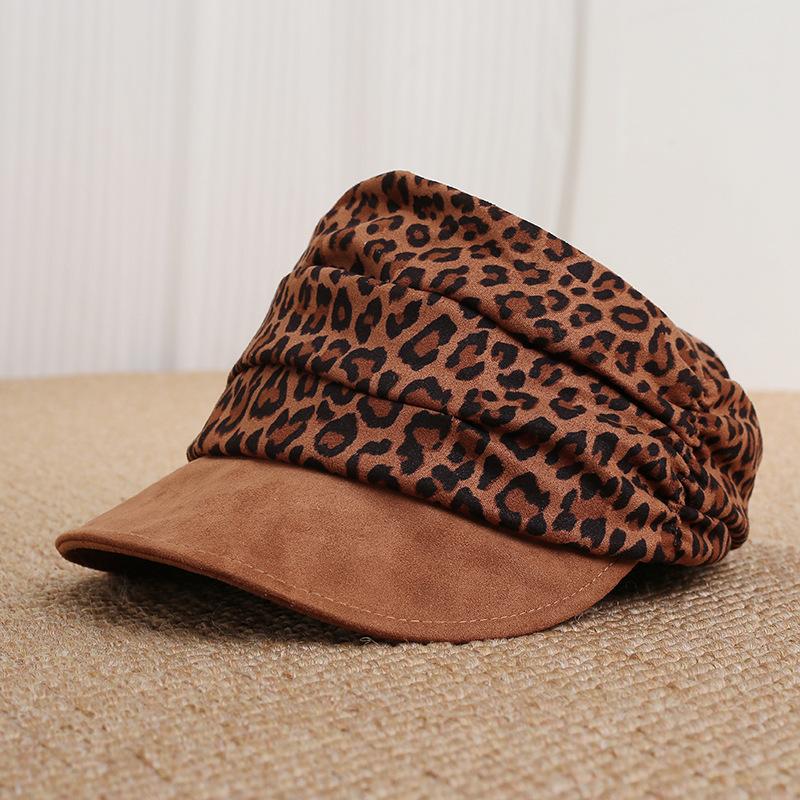 Suede leopard print color matching retro pleated equestrian hat women's spring and autumn new face small beret versatile sun hat