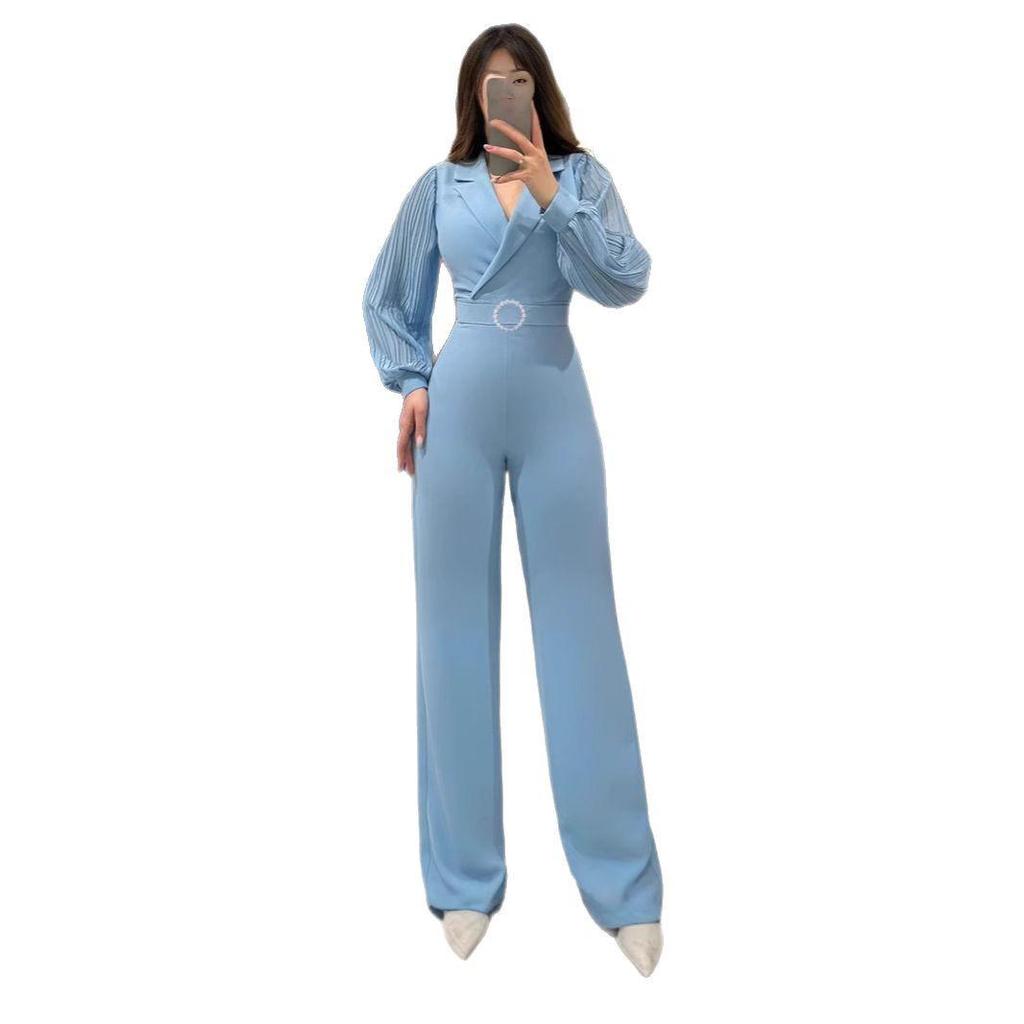 European & American Style Chiffon Spliced Long Sleeve Women's Office Jumpsuit