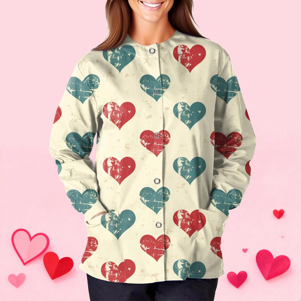 Women's Casual Fashion Long Sleeve Standing Collar Single Breasted Valentine's Day Print Workwear Jacket Tops