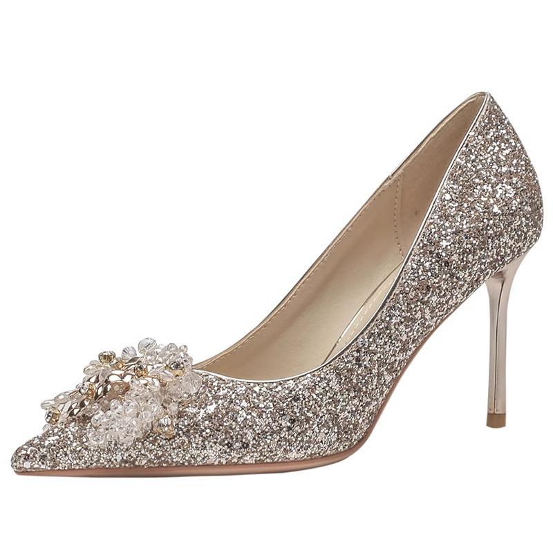 

French rhinestone high heels women s wedding shoes banquet pointed temperament crystal shoes stiletto sequins single shoes women 40