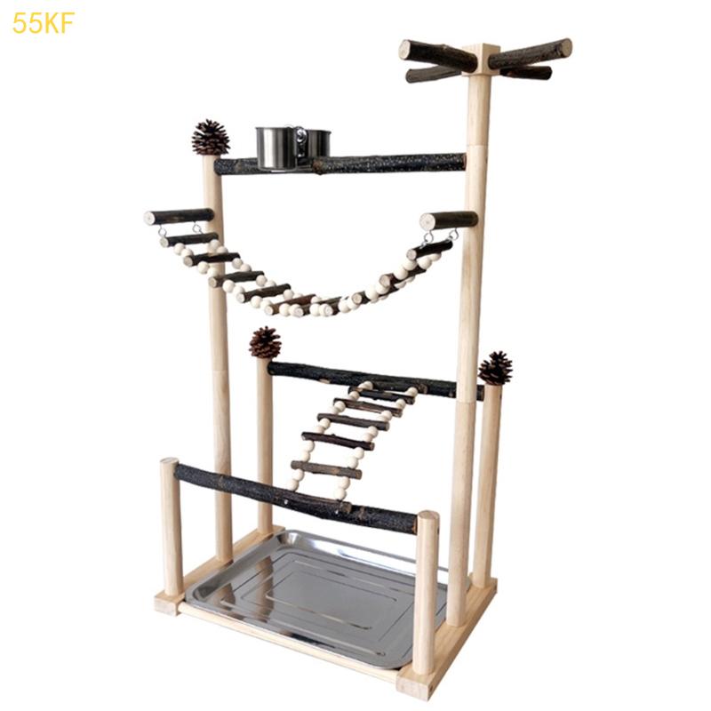 

55KF Sturdy Natural Parrot Training Stand With Removable Tray Climbing Ladder Rotating Perch For Large Birds Exercise And чорний