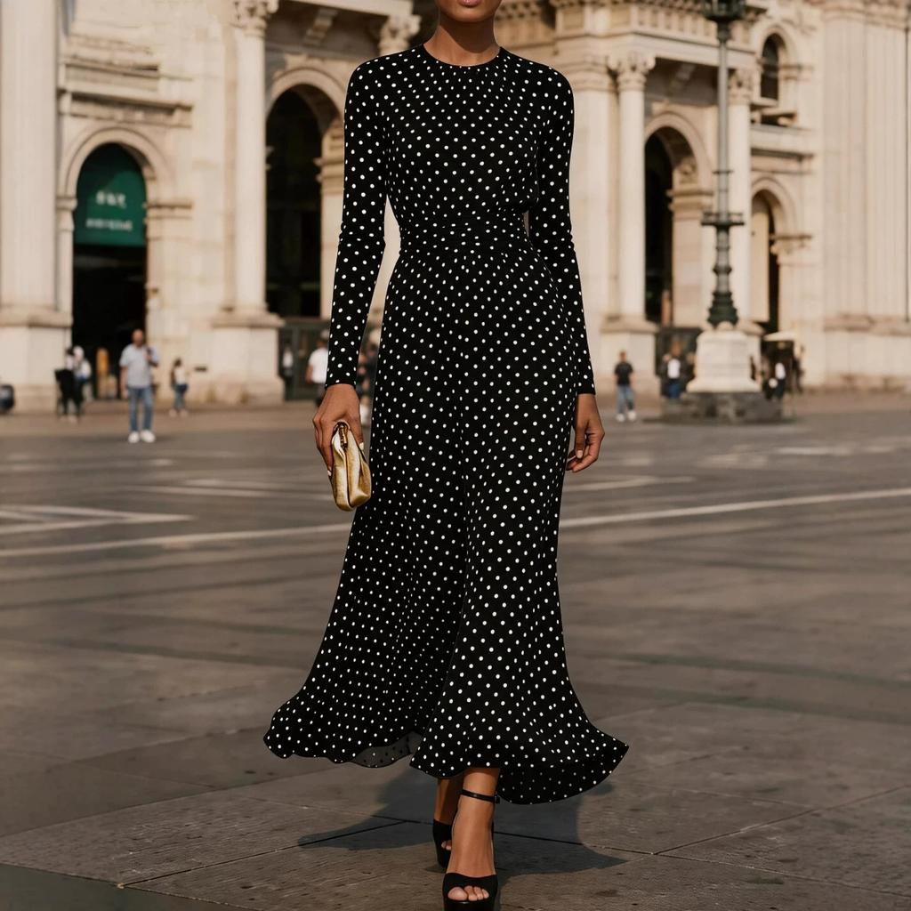YYFS Moda Donna Primavera Autunno Polka Dot Stampa Manica Lunga Girocollo Vita Alta Casual Abiti