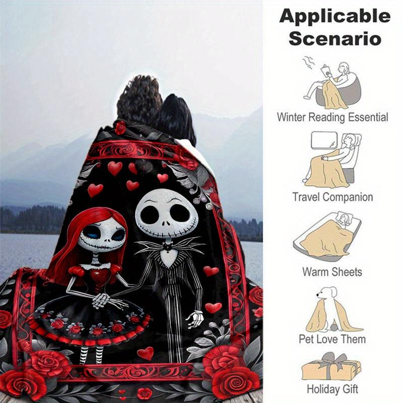 1pc, Cozy Home Decor: Jack and Sally Skeleton Couple Flannel Throw Blanket Gift for Bedroom, Living Room, Travel, Camping, Car