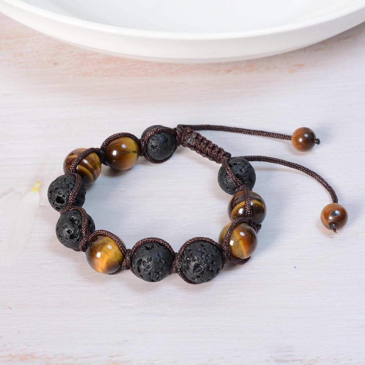 Handwoven Tiger Eye & Black Agate Volcanic Stone Bracelet for Men & Women Beads 12mm