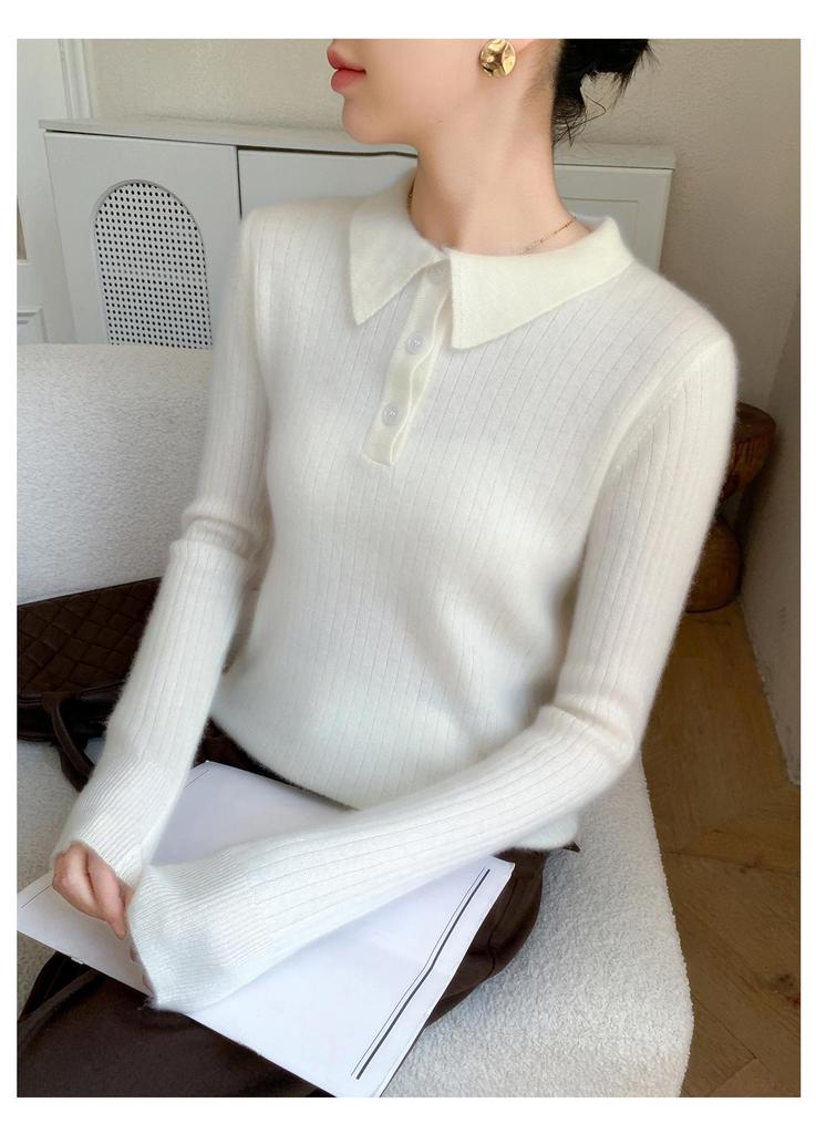 Women's Elegant Cashmere Polo Neck Sweater - Warm, Wide Ribbed Knit Base Layer for Autumn/Winter