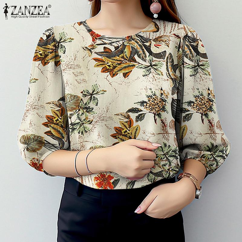 ZANZEA Women Casual Round Neck 3/4 Sleeve Loose Floral Cotton Blouse