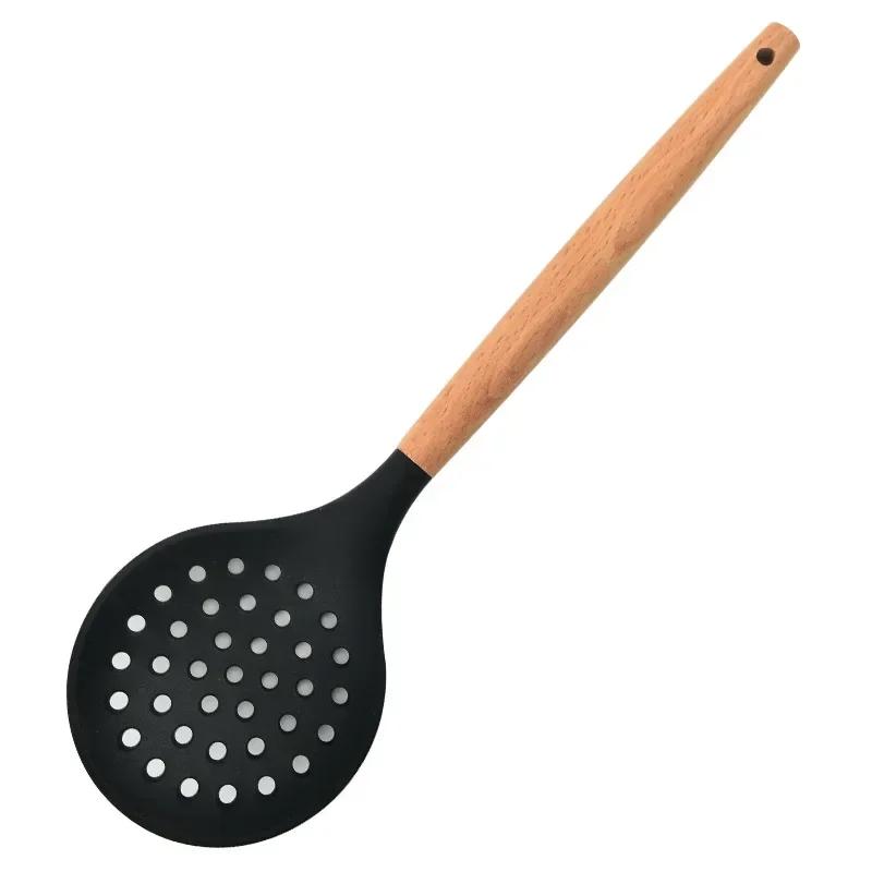 Кулинарный силиконовый сито Пищевой антипригарный термостойкий деревянный ручка Дуршлаг Ложка Шумовка Сито Кулинарные кухонные принадлежности чёрный