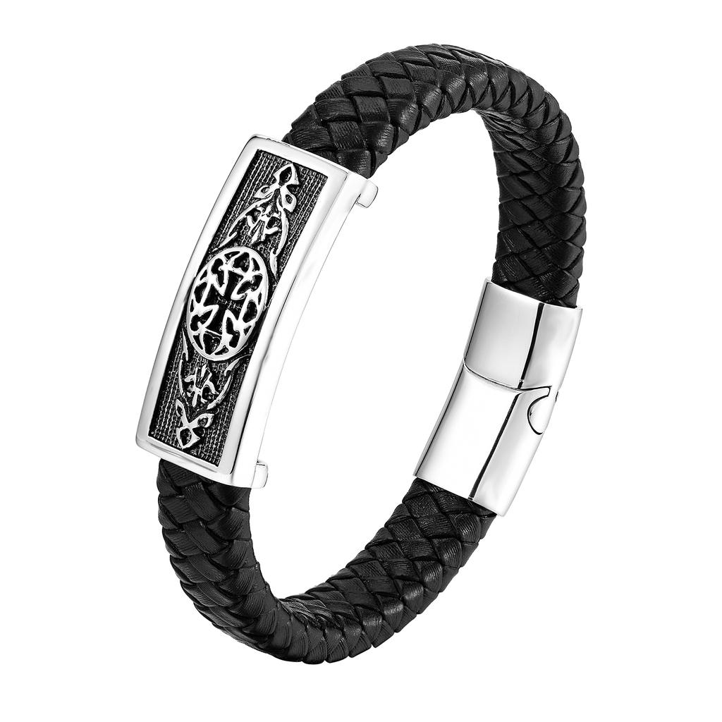 Black Color Cross Pattern Alloy Buckle Genuine Leather Bracelet For Men Stainless Steel Fine Jewelry Sculpture Bracelet
